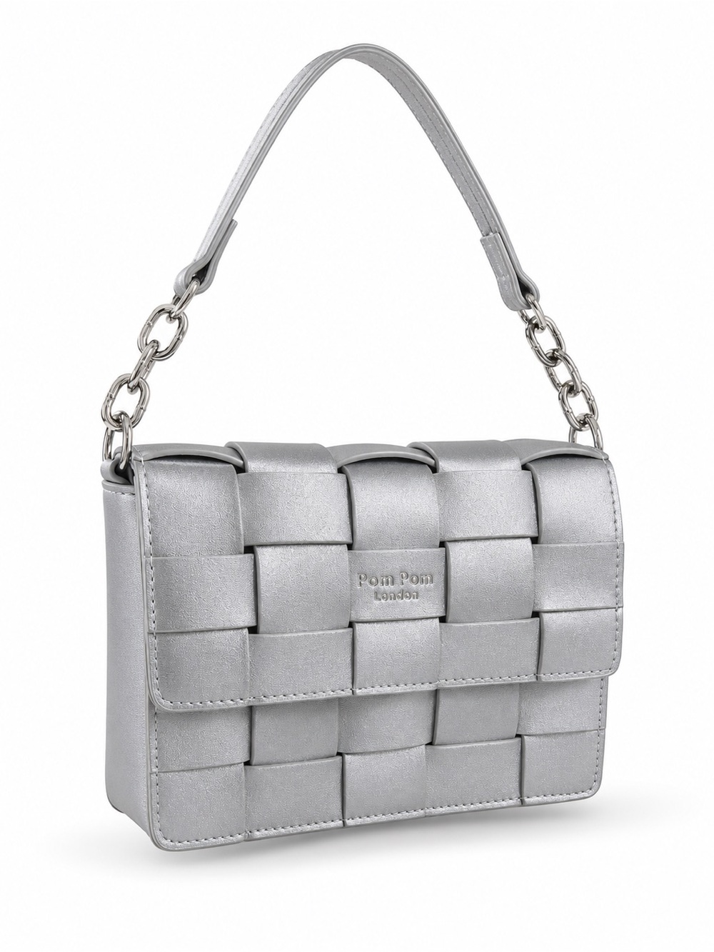 Pom Pom London Metallic Silver Woven Shoulder Bag